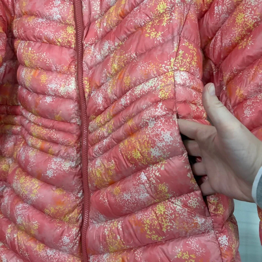 Lands End Womens 2X Down Puffer Jacket Pink Orange Floral Hooded‎ Quilted Coat
